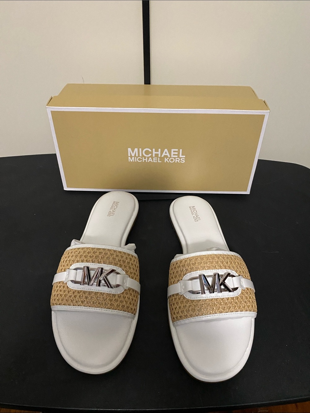 MICHAEL Michael Kors White & Tan Woven MK Logo Slide Sandals